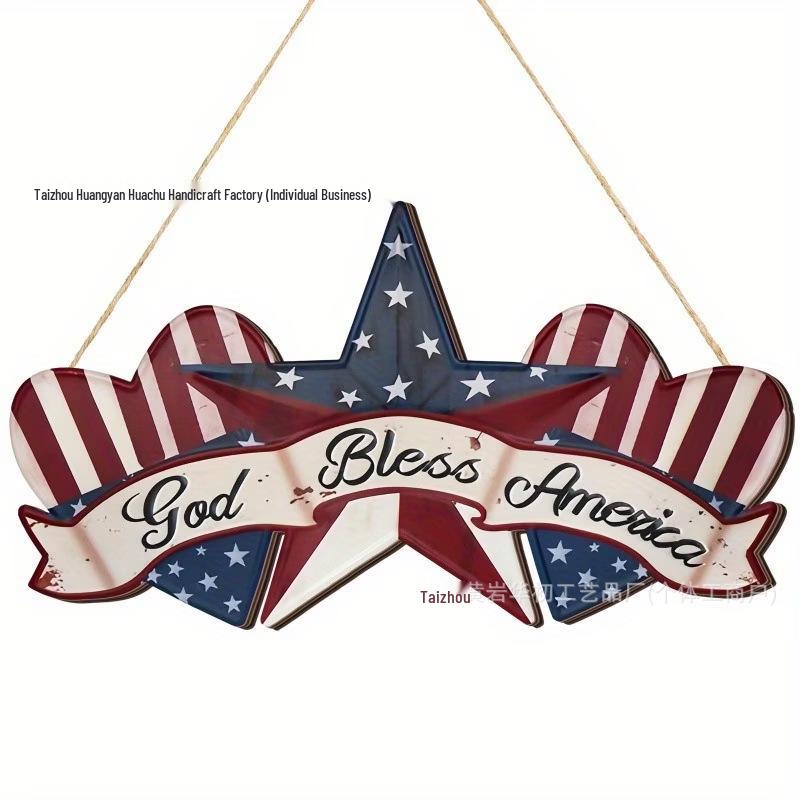 Patriotic Wooden Star Door Ornament - "God Bless America" Independence Day Decoration