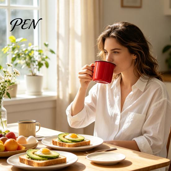Lead-free Enamelware Vintage Enamel Mug with Handle, Solid Color Heat Resistant Tea Cup Drinking Cup, Durable Portable Tableware for Home Kitchen Use