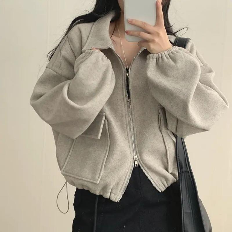Women S French Style Loose Short Zip Up Turn Down Collar Long Sleeve Coat