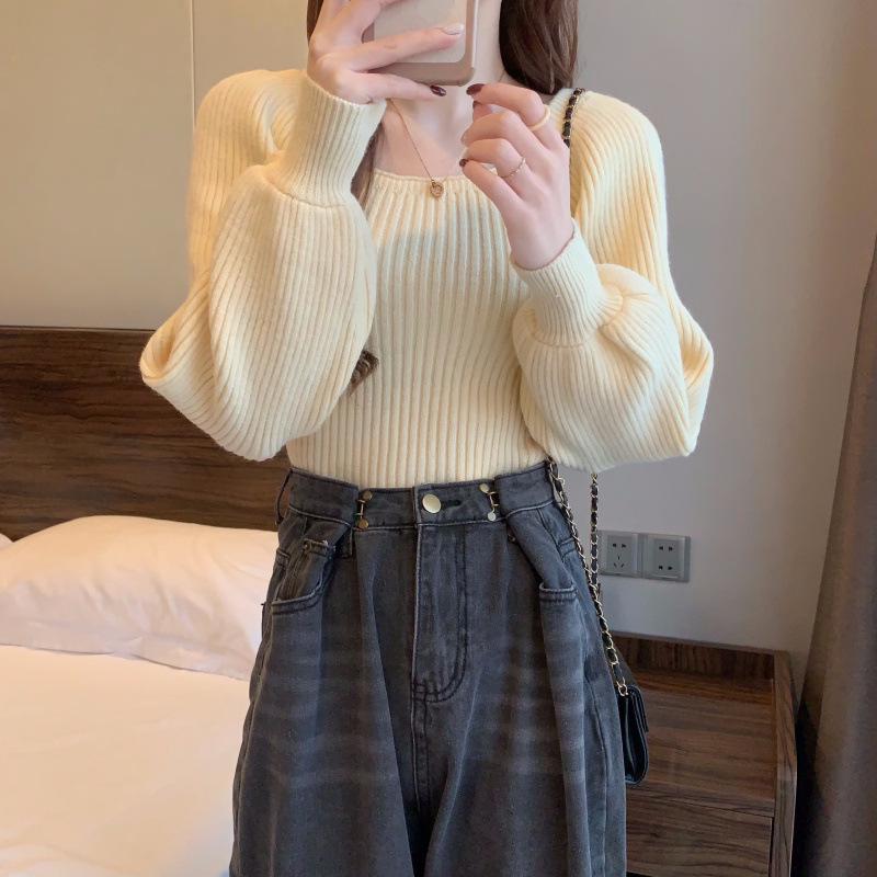 High-End Puff Sleeve Square Neck Sweater - Autumn/Winter Slim Fit Versatile Top