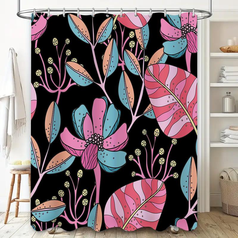Modern Bathroom Decor Shower Curtain with Floral Print Pink Purple Blue Green Leaves Pattern Black Background Home Decoration fo