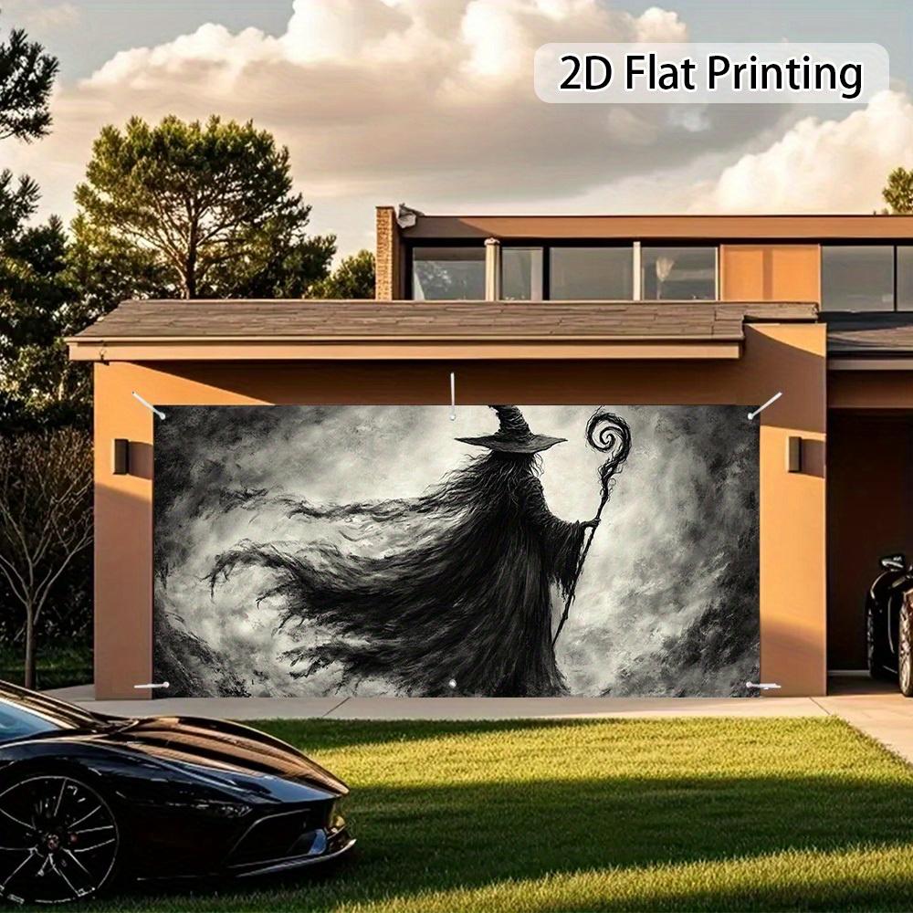 1 piece of 2D flat Gothic Halloween witch garage door banner - black and white witch decorationzyc