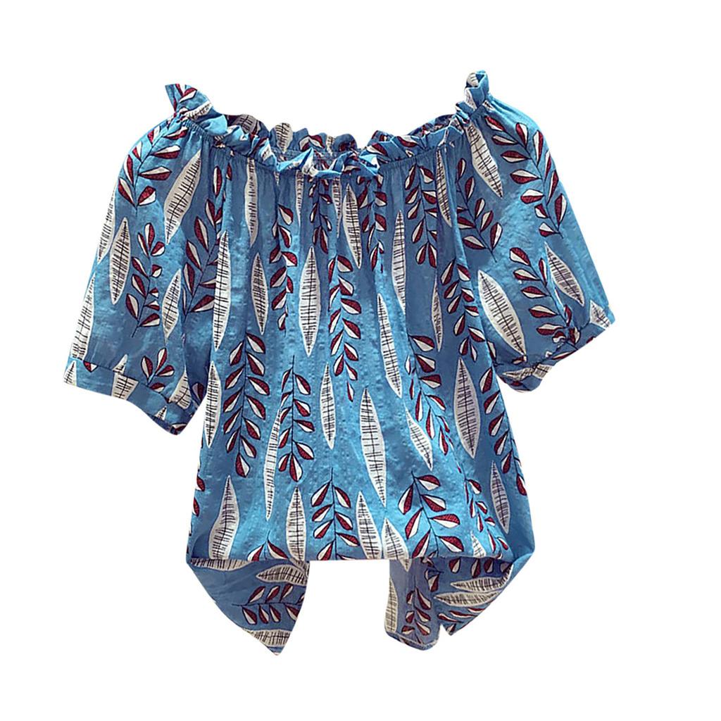 Fashion Women Casual Cold Shoulder Printed Short Sleeve Loose Chiffon Tops