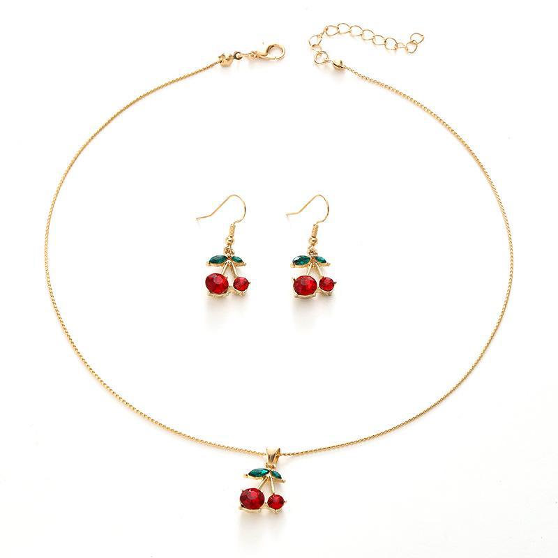 Ensemble collier pendentif cerise rouge et feuille verte et boucles d'oreilles chaîne clavicule pour femme