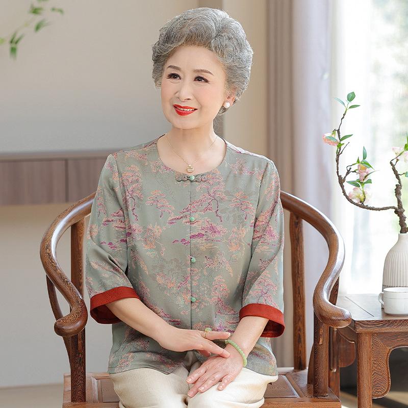 

Summer Clothing: Chinese Style Shirts for Middle-Aged & Elderly Women, Grandma Clothes, National Style Round Neck Tops for Mothers 3XL (recommended 120-135 jin) зелёный