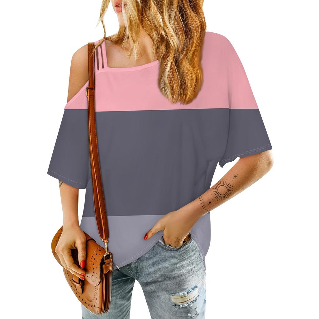 Damenmode One-Shoulder Color Block Sexy Mittelärmeliges Casual T-Shirt