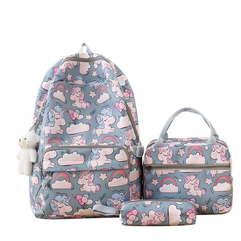 Мультяшный набор из трех предметов: рюкзак, студенческий рюкзак с принтом, женский легкий рюкзак большой вместимости серый