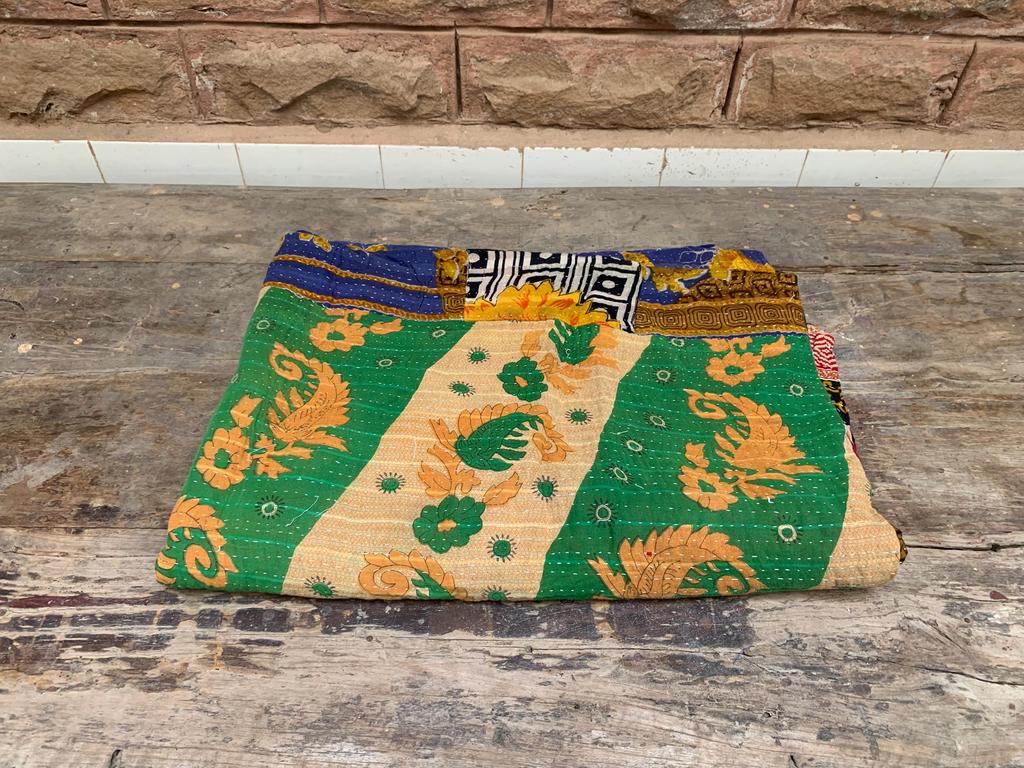 Green Floral Kantha Quilt: Vintage Indian Patchwork Throw