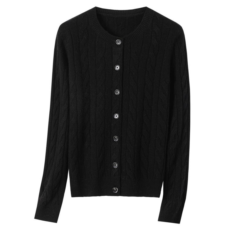 DIYIQIAN Damen Klassischer Retro Zopfmuster Woll-Cardigan - Herbst/Winter Rundhals Vielseitiges Oberteil