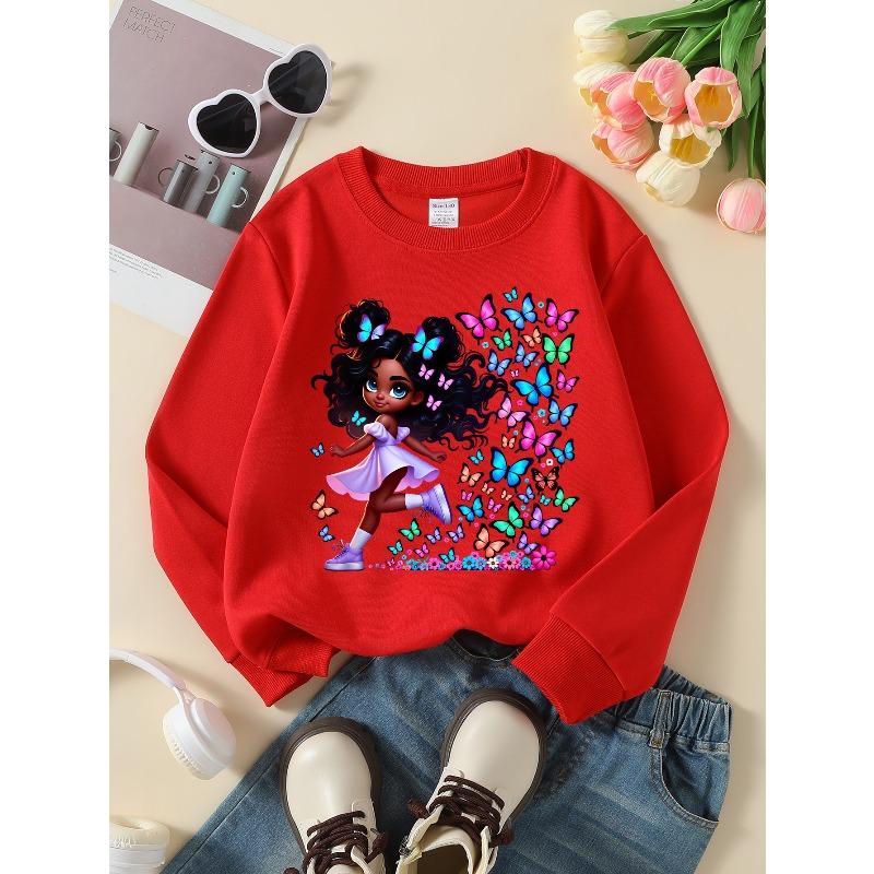 Girls' Soft Crewneck Sweatshirt Cute Girl with Colorful Butterflies Print Design - with Cute Creative Print, Casual All-Match for Fall Winter