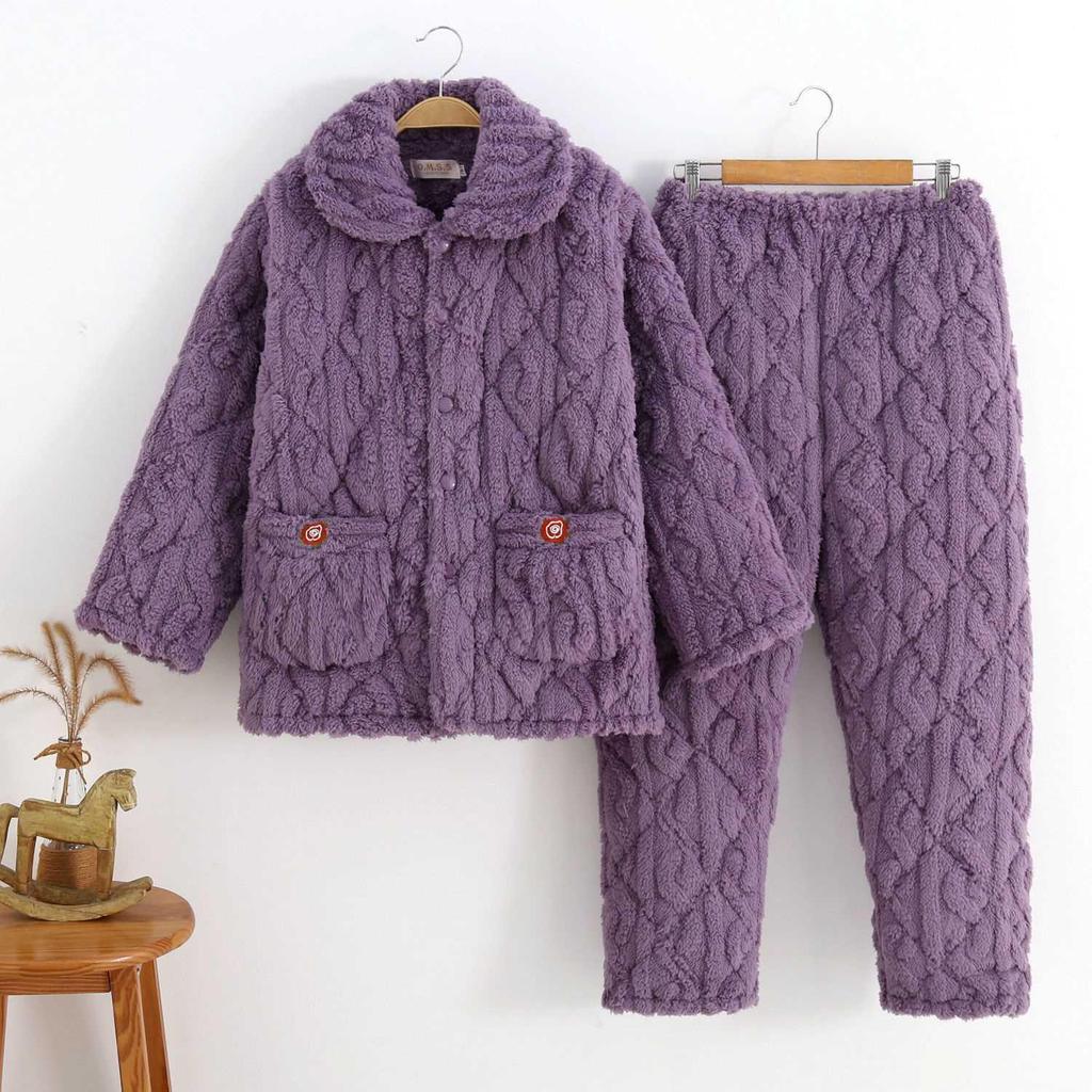 Three-Layer Fleece-Lined Quilted Winter Pajama Set for Elderly Women - Warm Coral Fleece Home Wear & Outerwear