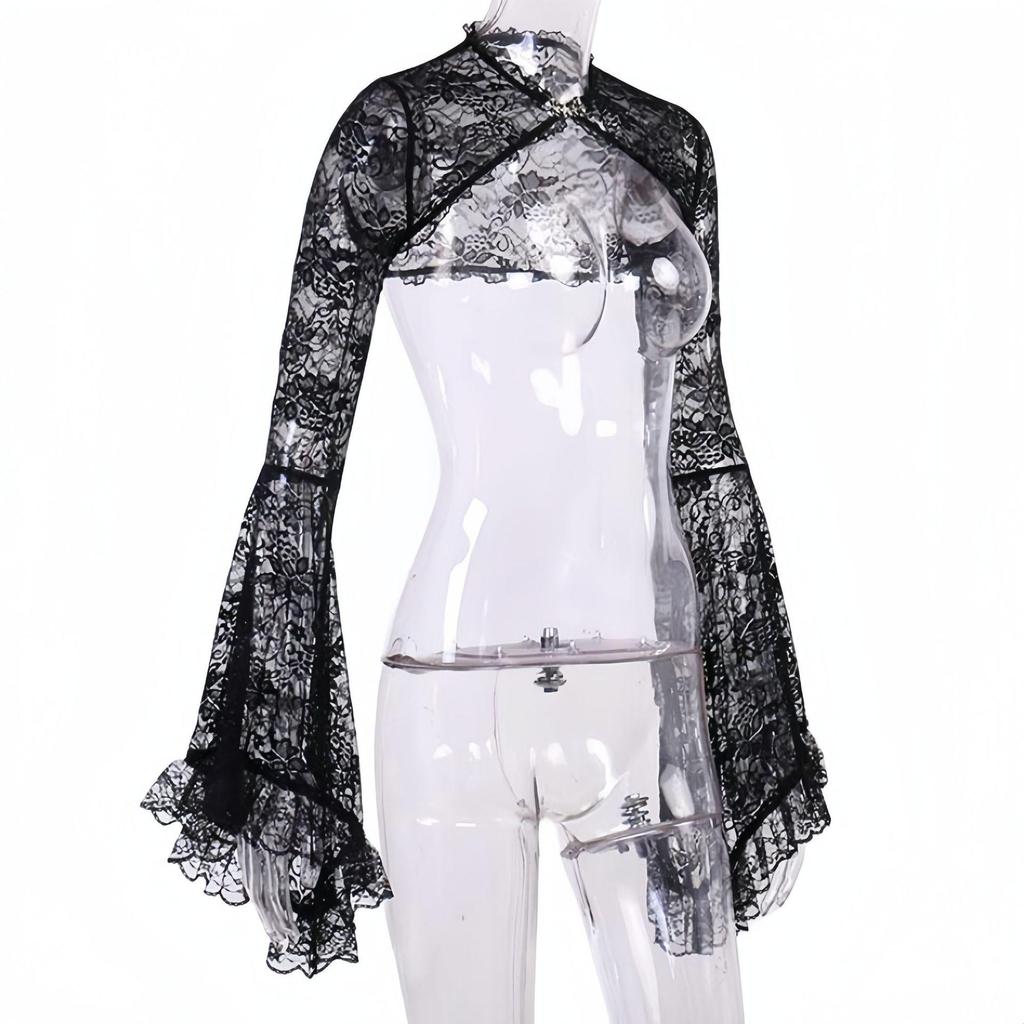 Women's Black Lace Bell Sleeve Halloween Top - Elegant Stand-up Collar