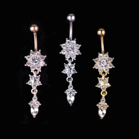 Lady Strass Blume Edelstahl Bauchnabel Nabel Ring Piercing Schmuck