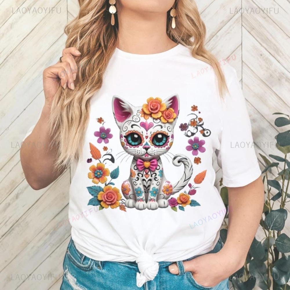 Día De Los Muertos Tshirt Day of The Dead Floral Cat Tshirt Halloween Tee Sugar Skull Women Shirt Creative Design Festival Tops S