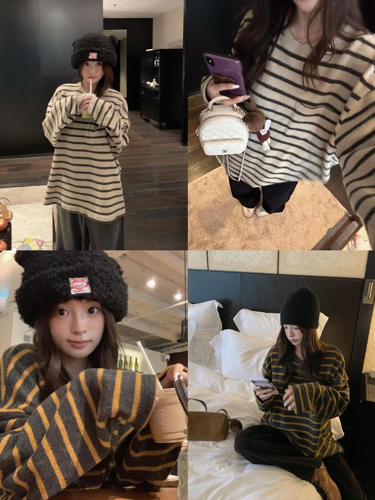 HEYGIRL Black Lazy Stripe 3.0 Korean Style Women's Autumn Loose Casual T-shirt