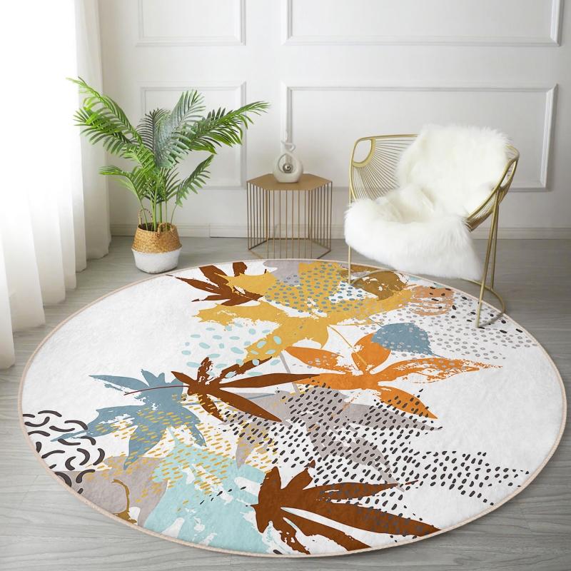 

Цветная гостиная и гостиная с узором из синих и оранжевых листьев на белом полу Круглый ковер с моющимся нескользящим основанием
