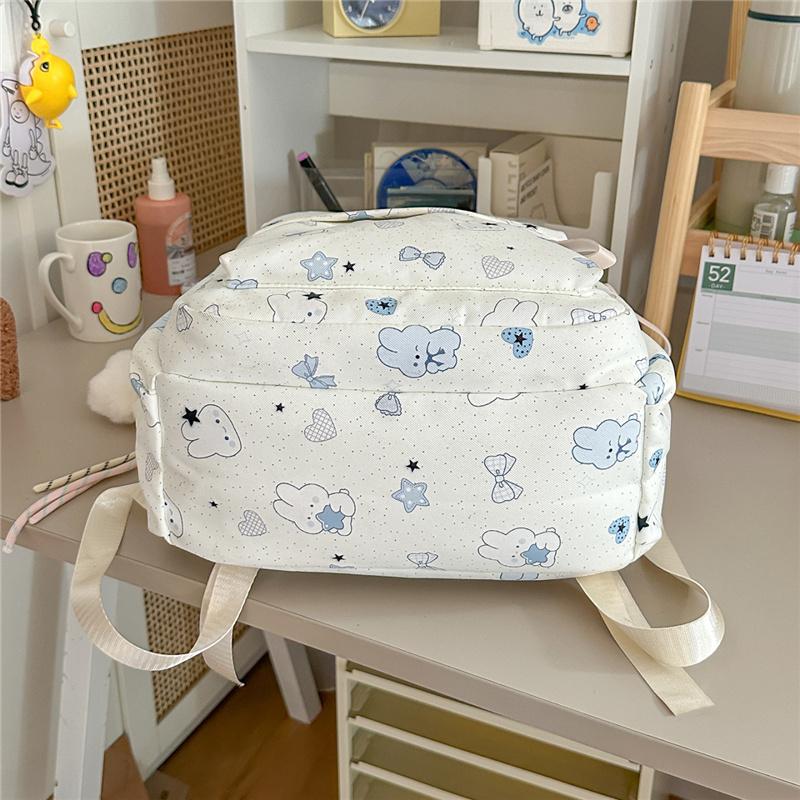 Cute Bear and Bow Print School Backpack with Multiple Front Pockets Casual Daypack for Girls