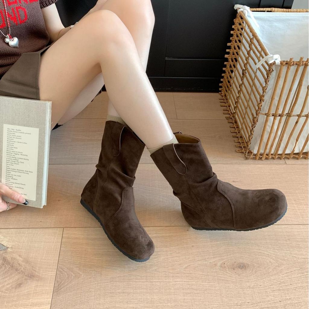 2025 New European and American Autumn and Winter Heightening Flat-bottomed Suede Low Tube Thin Martin Short Boots Fashion Women's Short Boots