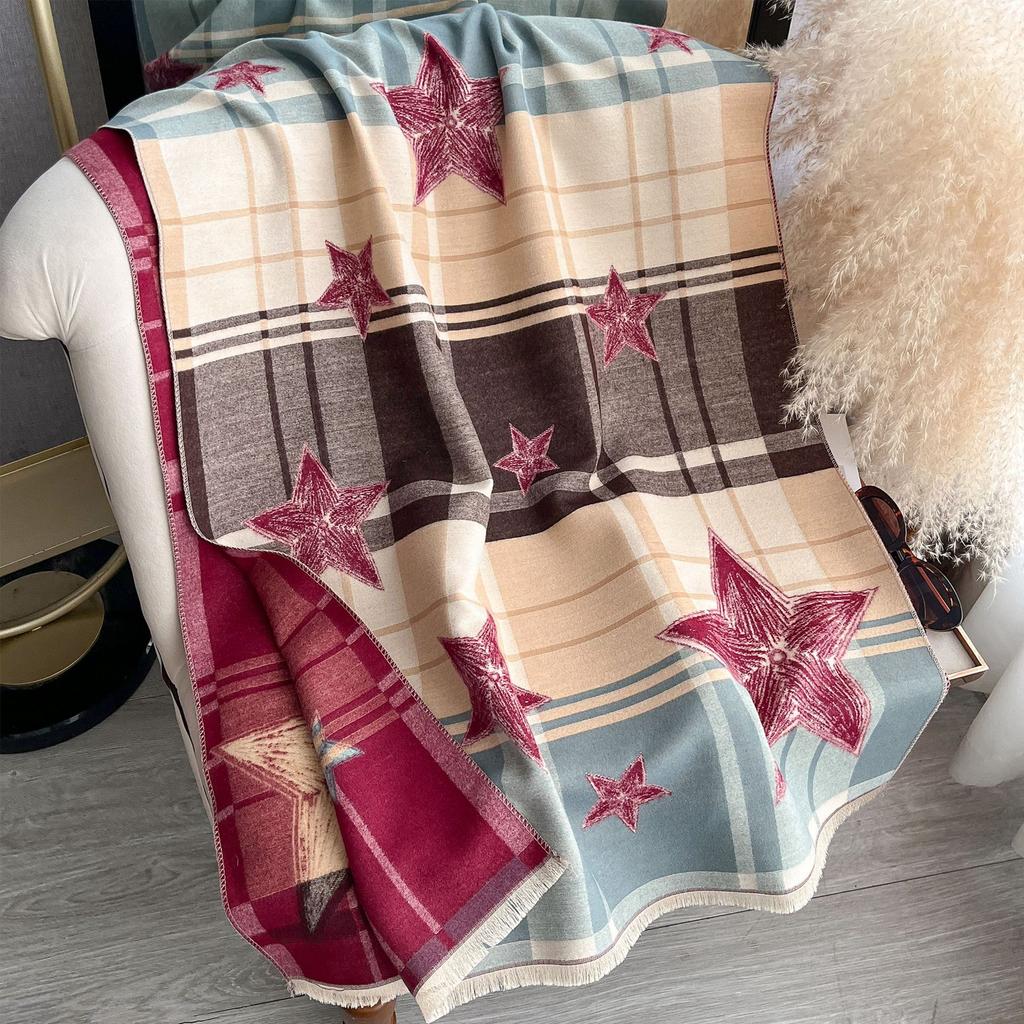 Plaid Five-pointed Star Scarf for Women, Autumn/winter Cashmere Shawl, Double-sided Two-tone Tassel Trim, Vintage Color-block Jacquard