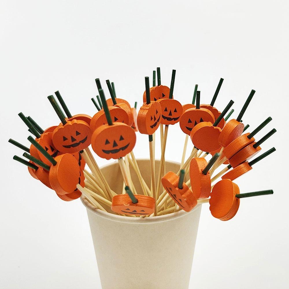 100pcs Natural Material Halloween Pumpkin Bamboo Skewers Cocktail Sticks Thanksgiving