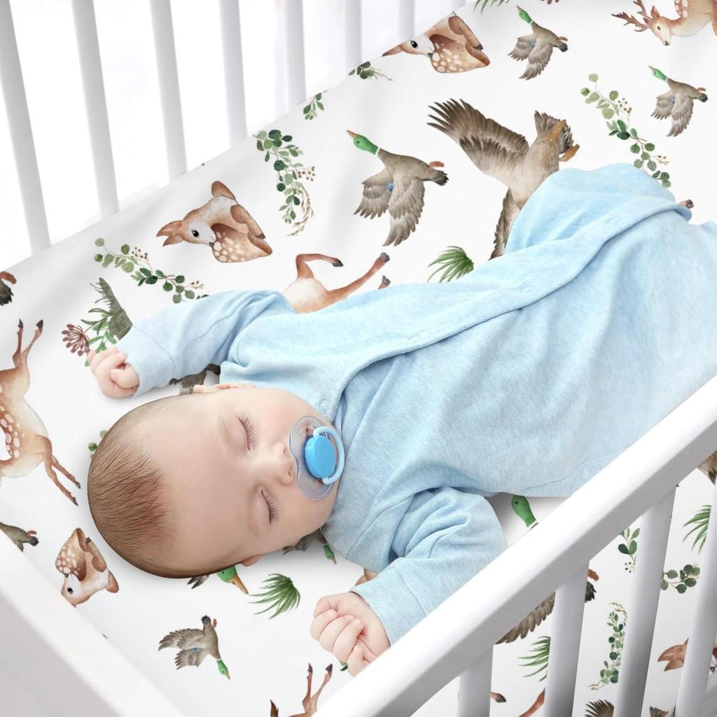Woodland Wild Animals Hunting Crib Sheets for Girls and Boys 52"x28" Hunting Deer Duck Leaves Crib Mattress Sheet Soft Breathable Nursery Bed Sheet