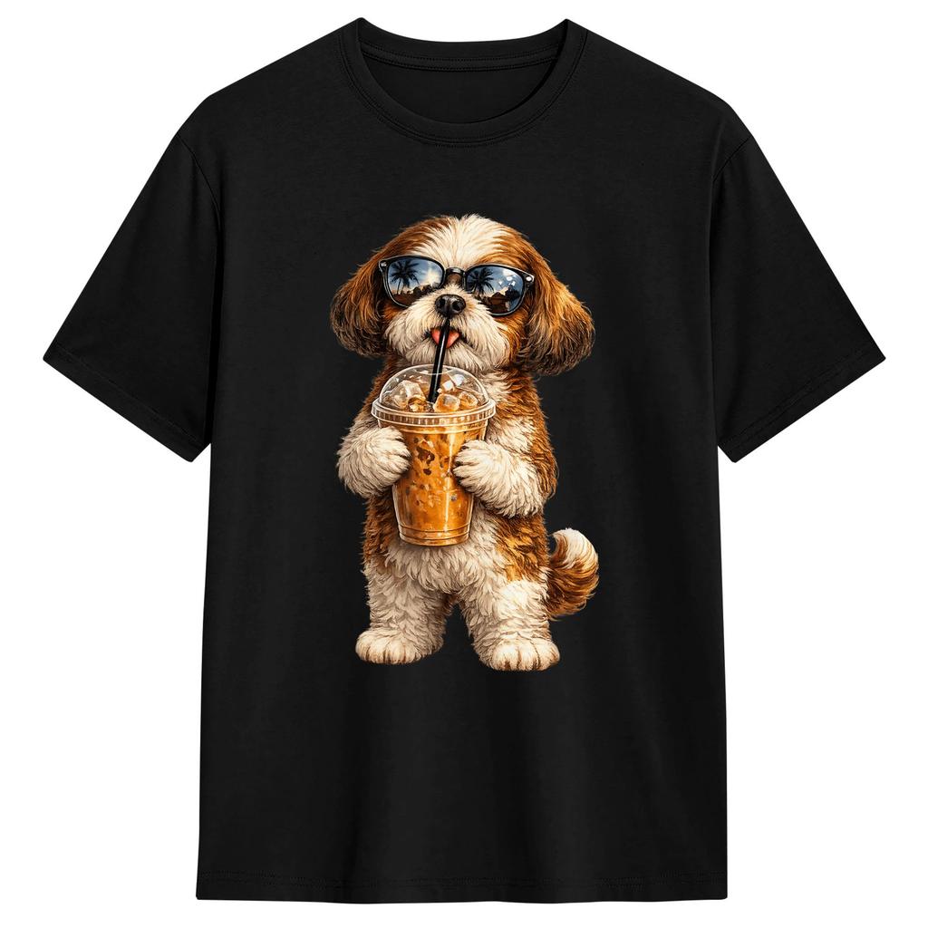 Divertente Shih Tzu che beve caffè freddo Maglietta Estate Cotone Magliette Per Unisex Design Maglietta Manica Corta Y2k Abbigliamento Casual