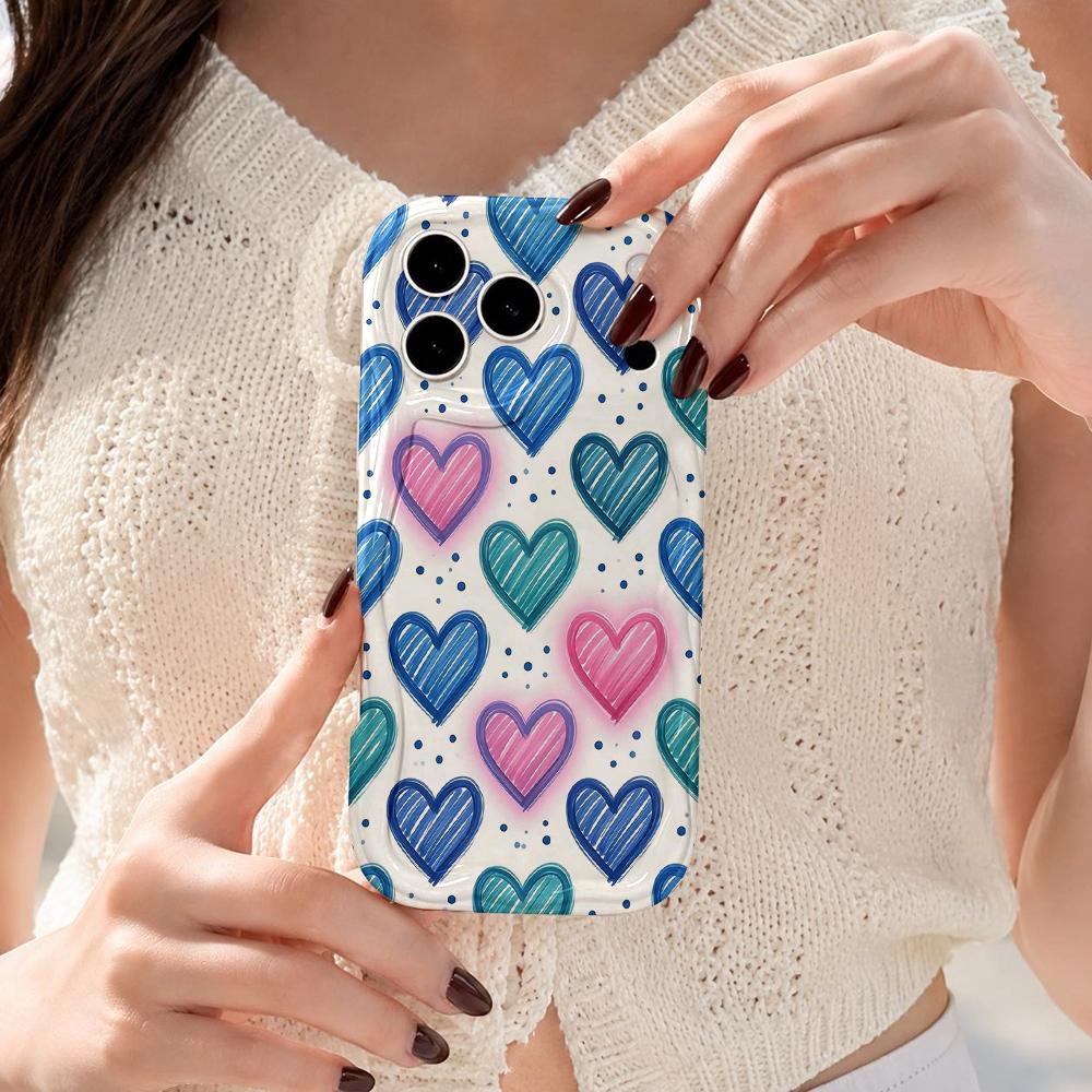 Wavy Edge Phone Case For iPhone 16 15 14 Pro Max 13 12 Mini 11 XR XS SE Sketch Striped Heart Pattern Cover