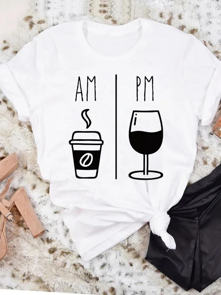 AM Coffee PM Red Wine TShirt Casual Short Sleeve Y2k Tops Womens Clothing Simple Design Fashion Harajuku White Graphic Tees