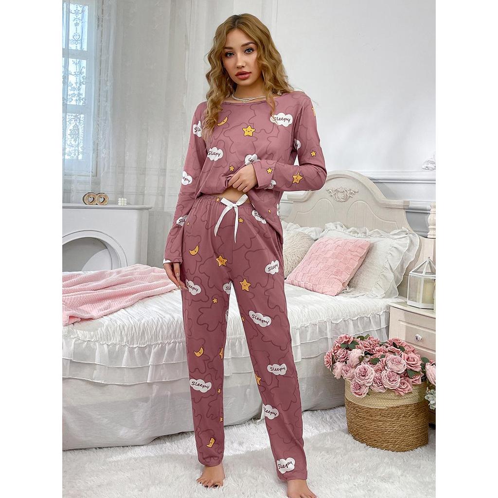 Women's Loose Round Neck Long Sleeve Pajama Set - Comfortable Stretch Two-Piece for Home or Out.