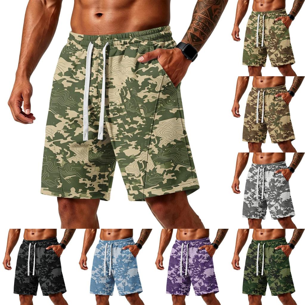 Herren lockere Camouflage-Print Sportshorts mit Taschen für Fitnessstudio Training Laufen Strandbekleidung Kordelzug Taille
