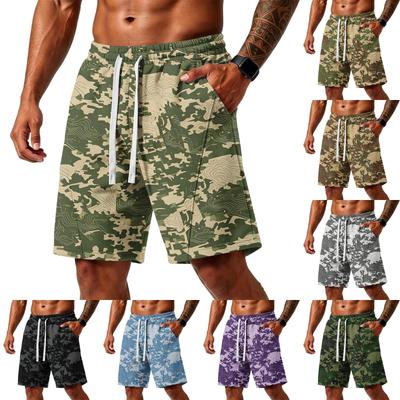 Herren lockere Camouflage-Print Sportshorts mit Taschen für Fitnessstudio Training Laufen Strandbekleidung Kordelzug Taille