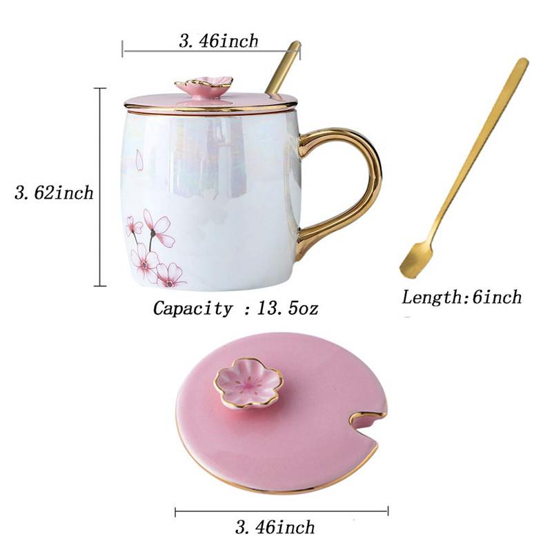 Cherry Blossom Ceramic Mugs With Lid Gold Spoon Porcelain Coffee Milk Cups Breakfast Drinkware for Women Lovers Friends G