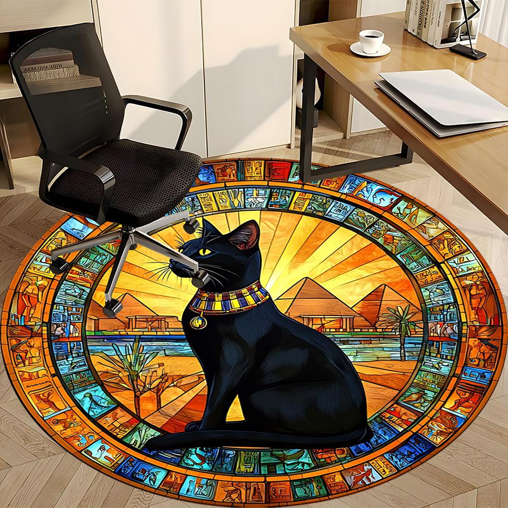 1 Stück Ägyptische Katze Büro Runder Teppich, Indoor-Matte Geeignet für Büro, Unter Bürostühlen Schlafzimmer Wohnzimmer Heimdekoration, Raumdeko