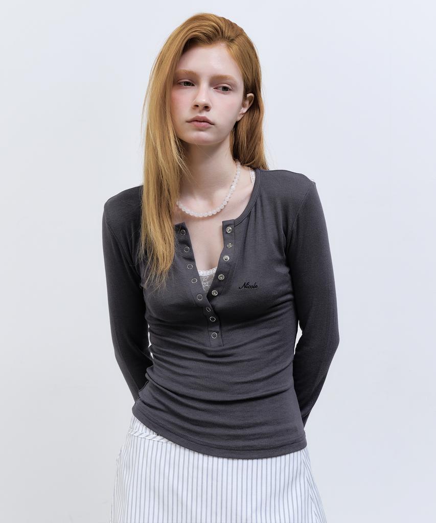Nigaennikol Button Henley Neck Top_Charcoal