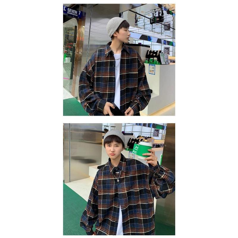 Amerikansk Retro Rutig Skjorta Herr Höst Koreansk Stil Outfit Trendigt Märke Tonårspar Långärmad Skjortjacka