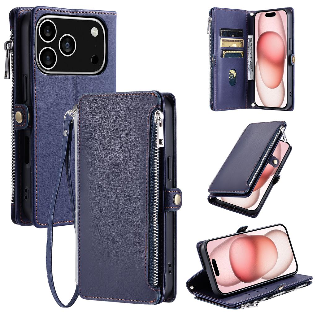 For iPhone 17 Pro Case TPU+PU Leather Wallet Phone Cover with Wrist Strap