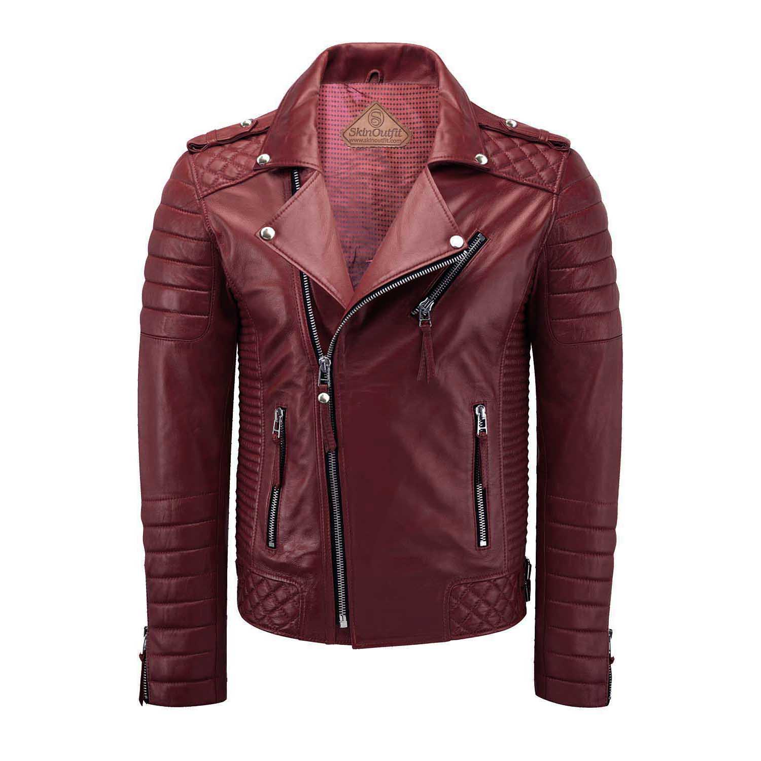 

SKINOUTFIT Men s Motorcycle Leather Jacket Genuine Dark Red Lambskin Café Racer Biker Outerwear 3XL червоний