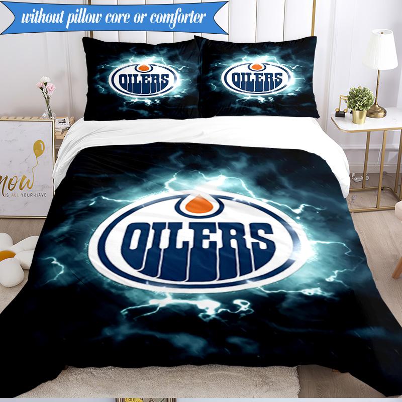 3PCS Edmonton Oilers Emblem Bedding Set,Including 1pc Duvet Cover And 2pcs Pillowcases Perfect for Bedroom, Dormitory, Fan Christmas Gift