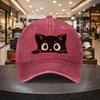 Black Cat Peeking Baseball Cap Cute Animal Print Adjustable Washed Denim Hat Casual