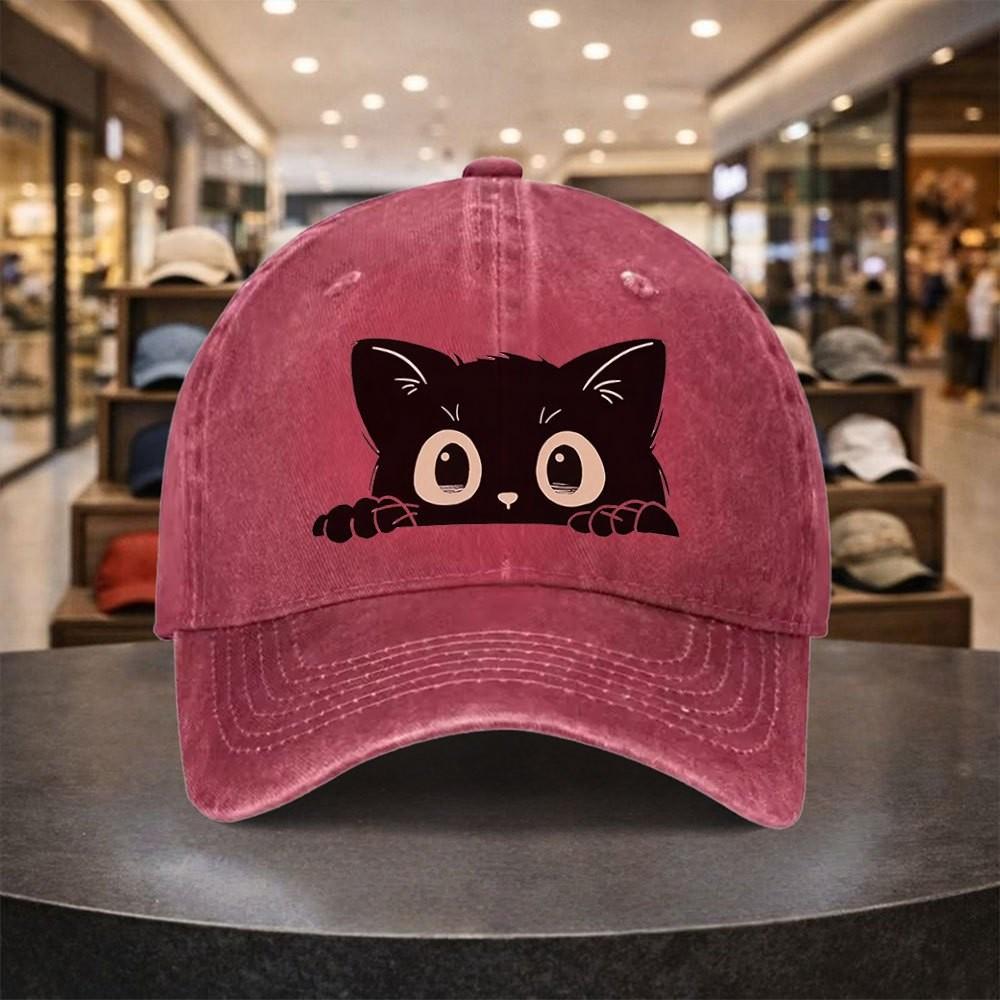 Black Cat Peeking Baseball Cap Cute Animal Print Adjustable Washed Denim Hat Casual