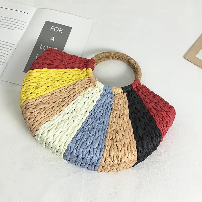 Yogodlns Summer Weaving Women Bags Beach Seaside Multicolor Straw Handbag Lady Travel Handwoven Totes Wrist Handbags