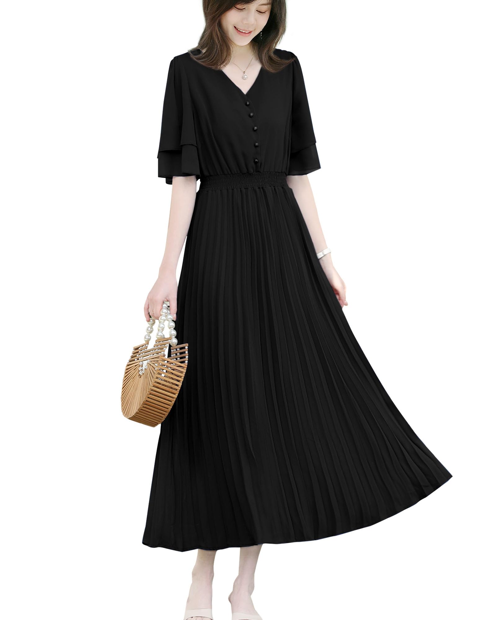 

Платье Ино для плиссированного длинного эластичного свободного тела повседневное летнее женское, Платье, V-образный вырез, Пуговица, Талия, Посадка, Гладкое, Покрывающее, Стройнящее, Стильное, Женственное, чёрный