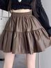 Spring Plus Size Coffee PU Leather High Waist Pleated A-line Skirt for Women