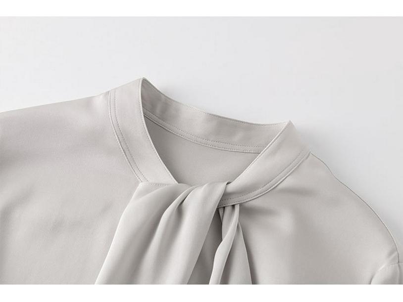 2025 Spring Women's Long Sleeve Mulberry Silk Shirt with Ribbon - Commuter Style, Slim Fit, Solid Color