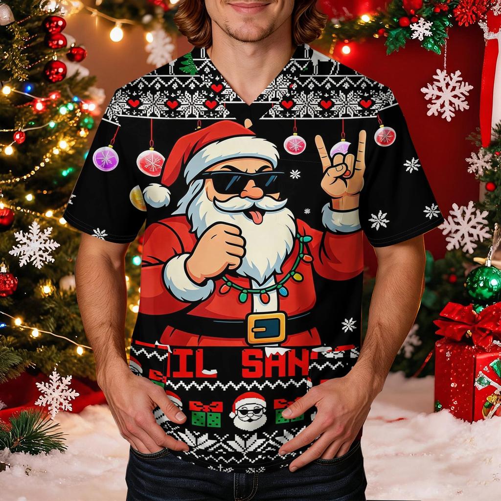 Men's Caregiver Uniform Top with Christmas Print Short Sleeve V-Neck and Pockets