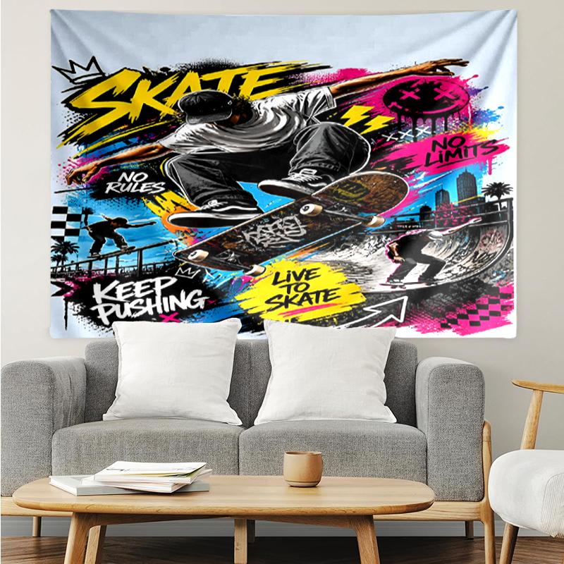 Tapisserie avec Impression Skateboard, Toile de Fond, Installation Facile, Idéale pour Chambre à Coucher, Bureau et Salon, avec Décor Mural Esthétique.