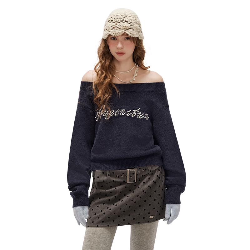 

UNIFREE Off-Shoulder Letter Jacquard Knit Sweater One Size