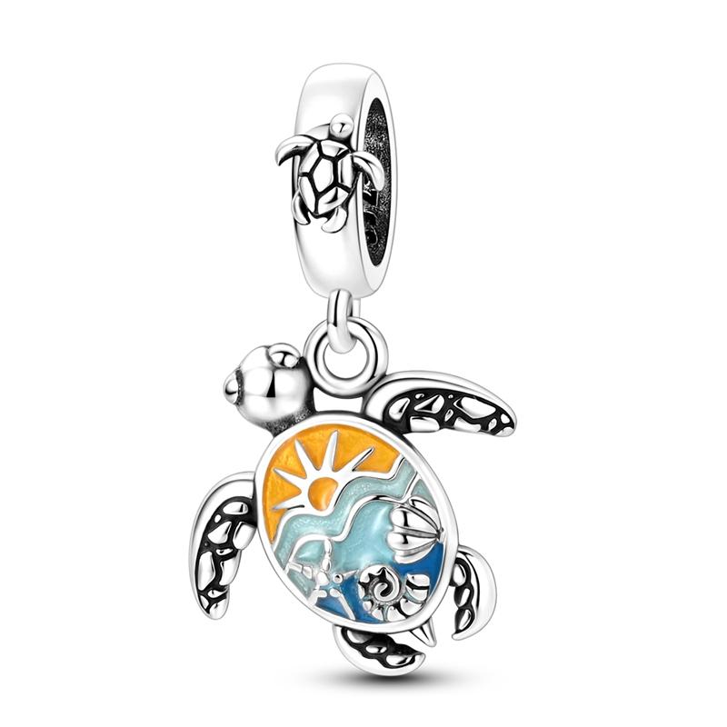 New 925 Silver Blue Ocean Beach Turtle Charms Pendants For Women Fit Bracelet DIY Vacation Party Jewelry Gifts