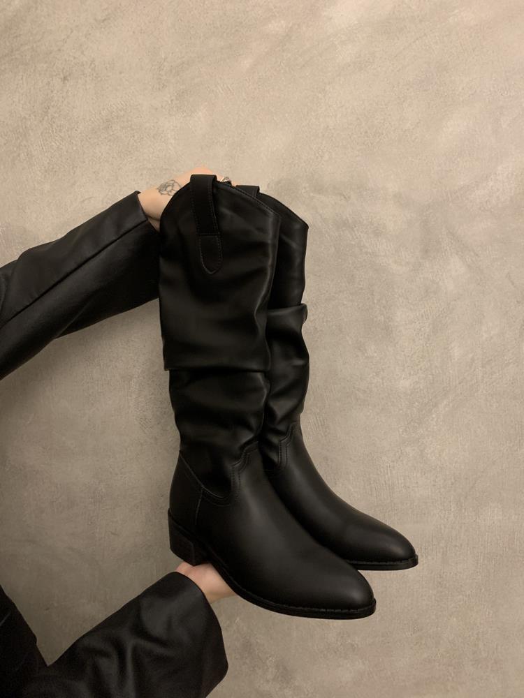 Thick Heel Pleated Pile Long Knight Boots Shoes New Season Western Skinny Skinny Long Boots