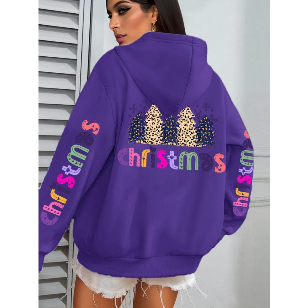 Merry Christmas Leopard Trees Printing Hoodie Women Hip Hop All-Match Streetwear Casual Loose Hoodies Autumn Woman Hoody
